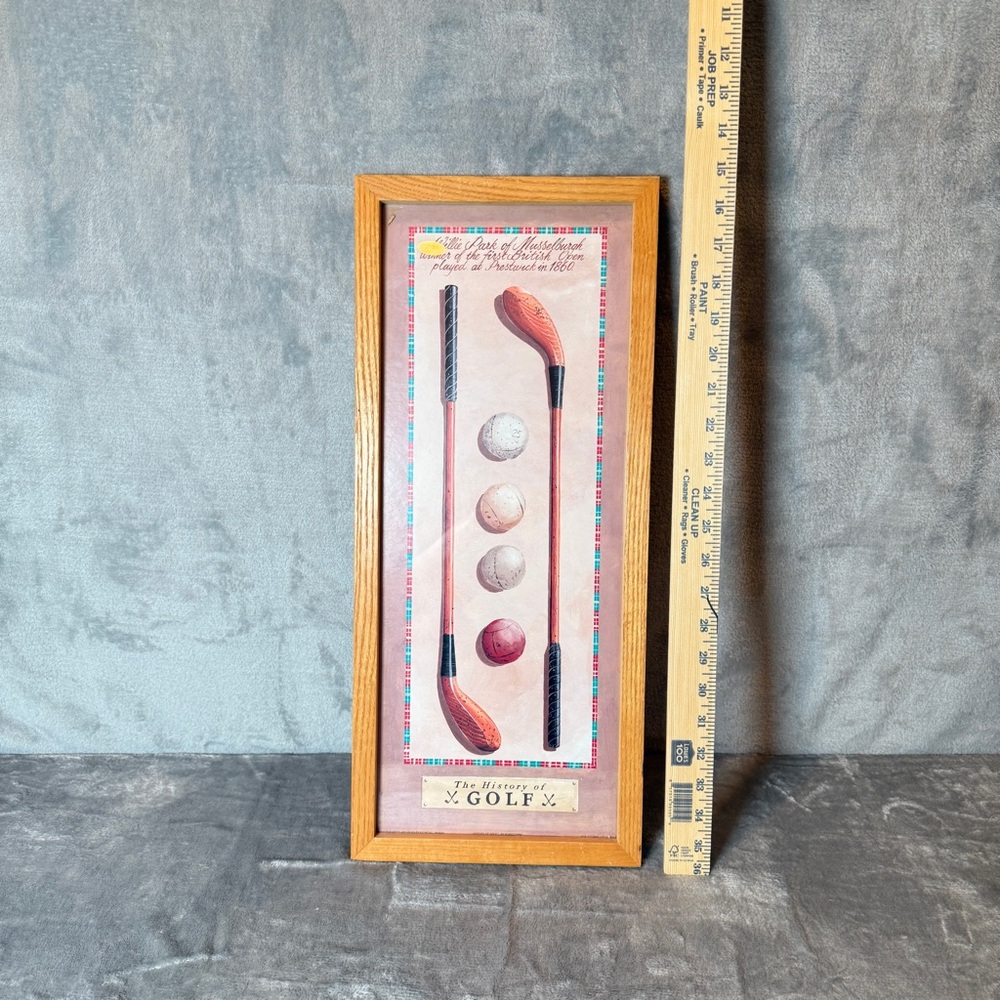 Vintage Golf Print Wall Art - Oak Frame, Pink Accents